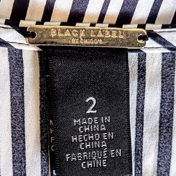 Chico's Black Label Black White Stripe Silk Short Sleeve Top - Picture 6 of 7
